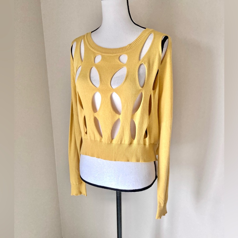 PLANET by Lauren G "Sizeless" Laser Cut-Out Pima Cotton Sweater – Mustard Yellow - Picture 3 of 9